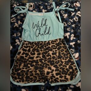 Girls Size 4/5 Wild Child Aqua and Leopard Print Romper